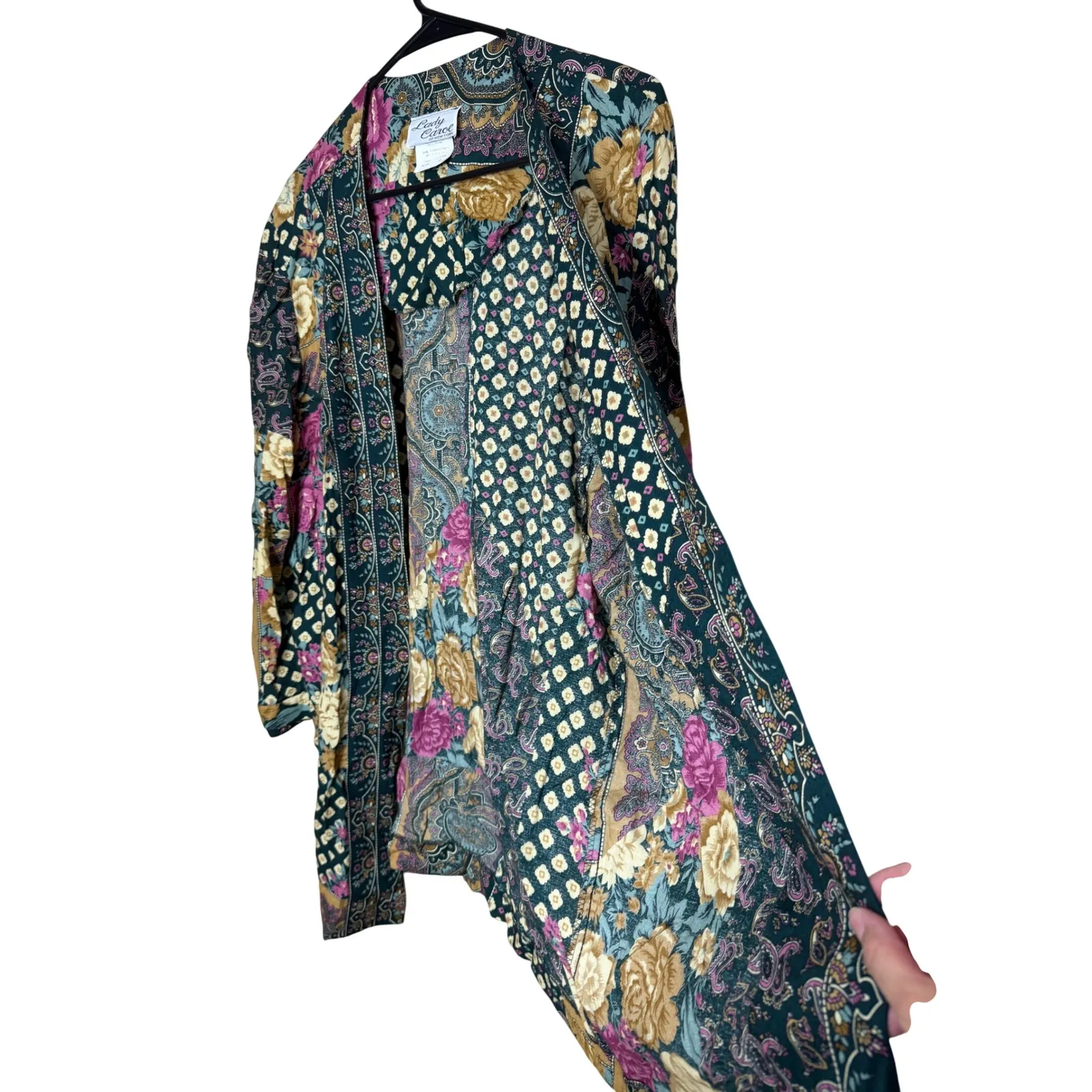 Lady Carol Of New York Patchwork Floral Paisley Kimono Cardigan Duster Size 12 Green - Image 2