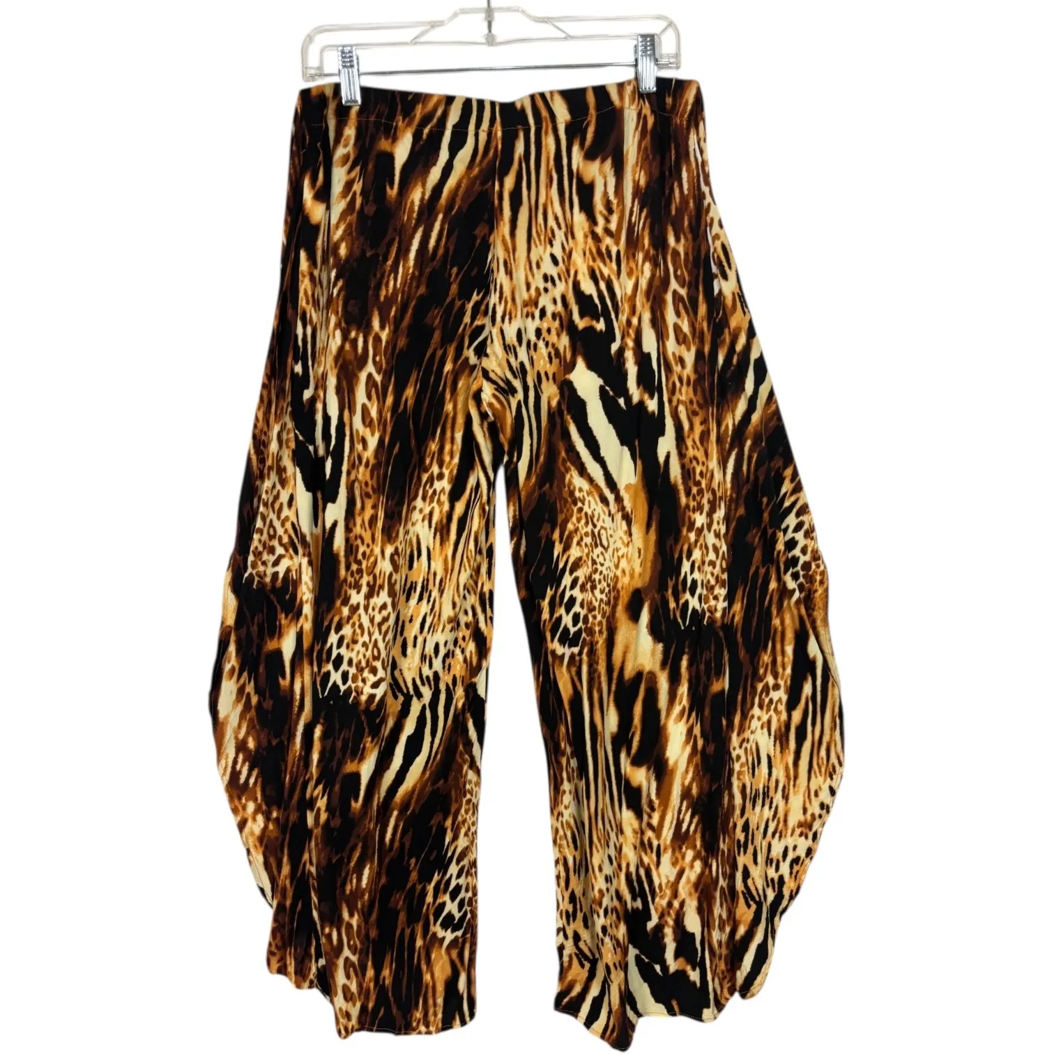 Lavender Sky Animal Print Split Leg Pants L Wide Leg Boho Festival Rayon Leopard Brown Size L - Image 6