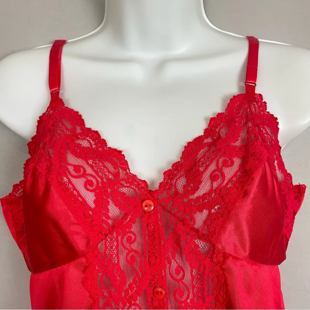 Vintage 80s Camisole Lingerie Red Lace Buttons Sexy Valentine's Day Women Medium - Image 5