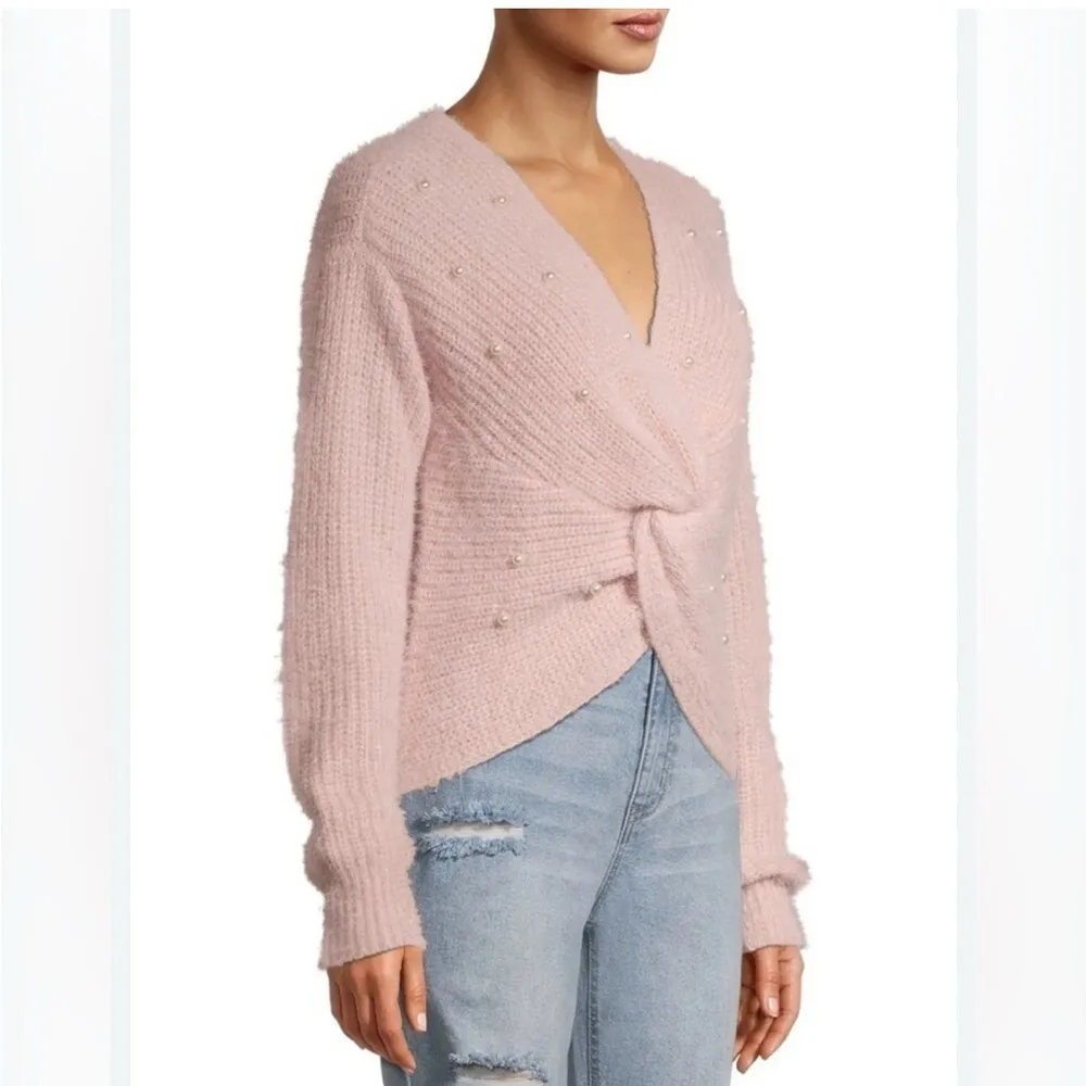 ALMOST FAMOUS Vintage Pink Twist Front V-Neck Sweater Pearl Accents - Image 3