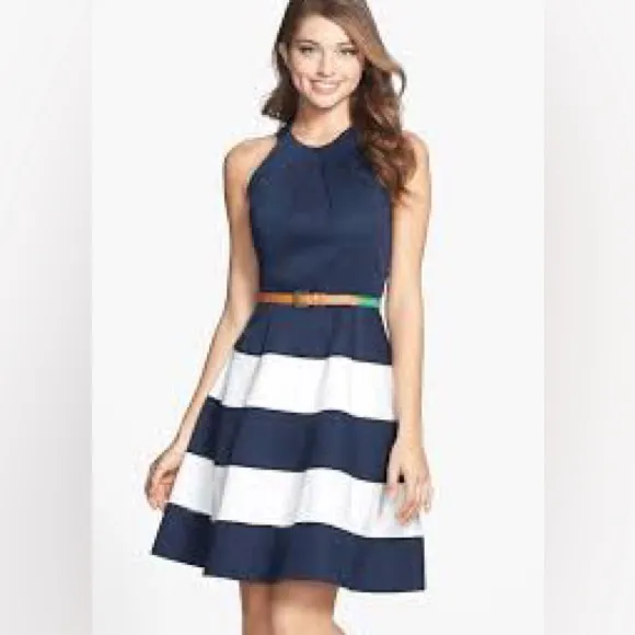 Eliza J Navy White Striped Halter Fit & Flare Dress 10 NWT w/ Belt Nautical - Image 2