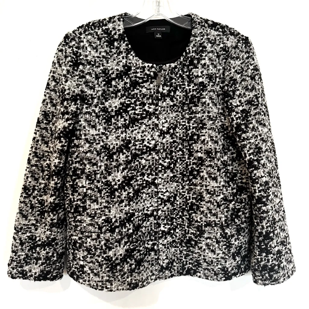 Ann Taylor Wool Blend Chunky Tweed Blazer Women's Medium‎ Black White Zip Front - Image 2