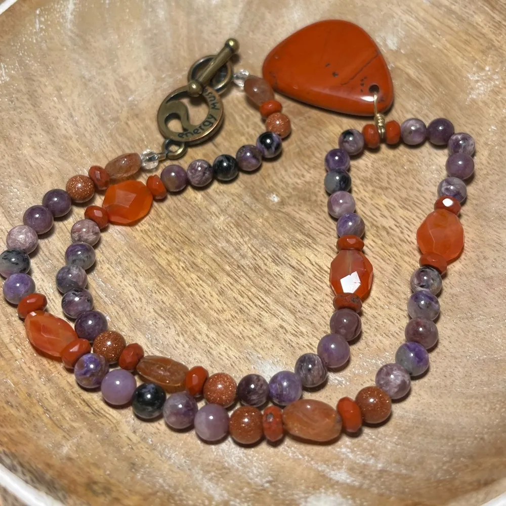 Energy Muse Strength Red Jasper, Carnelian, Sunstone & Charoite Beaded Necklace - Image 5