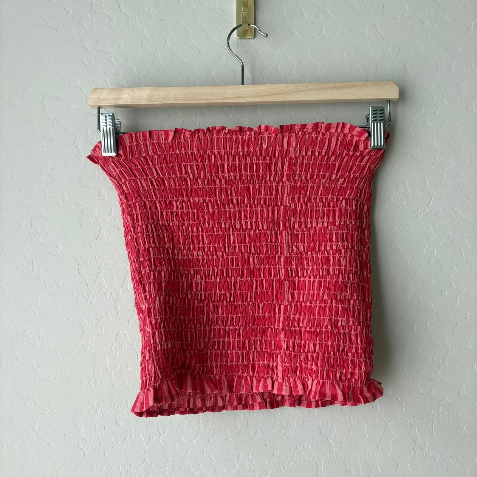 Par & Escala Top Matilda Smocked Gingham Cotton Tube Top Pink Red Size S/M - Image 6