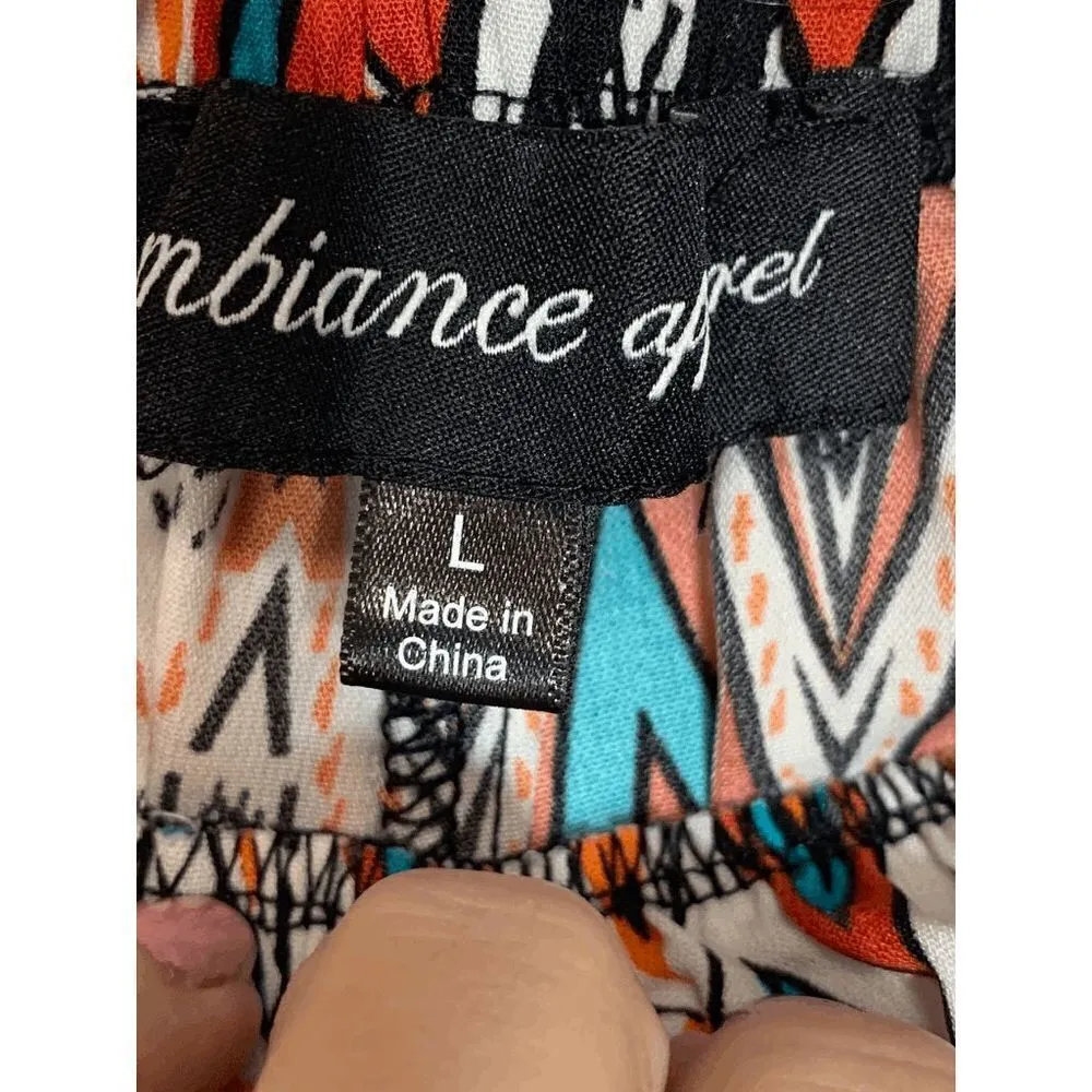 Ambiance Apparel Women's Elastic Waist Wide Leg Multicolor Ethnic Print Pants L Blue Size L - Image 4