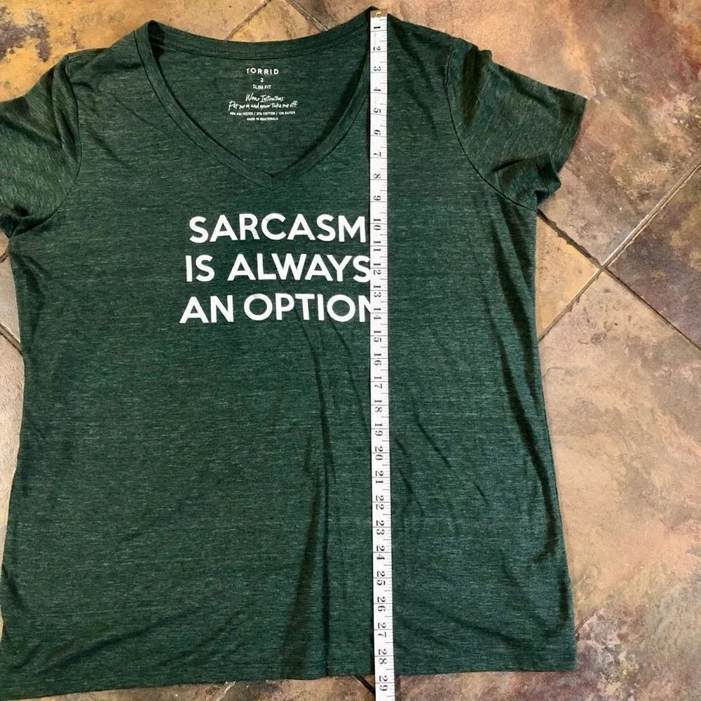 Torrid Slim Fit “Sarcasm Is Always An Option” V-neck Green Tee Shirt Size 2 - Image 5