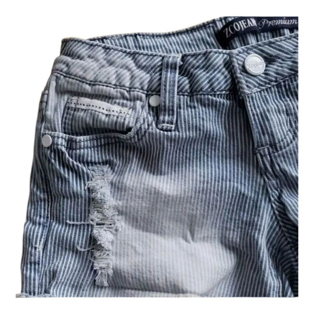 ZCO Jeans Premium Blue Striped Denim Jean Shorts Distressed Junior Size 1 Cotton - Image 4