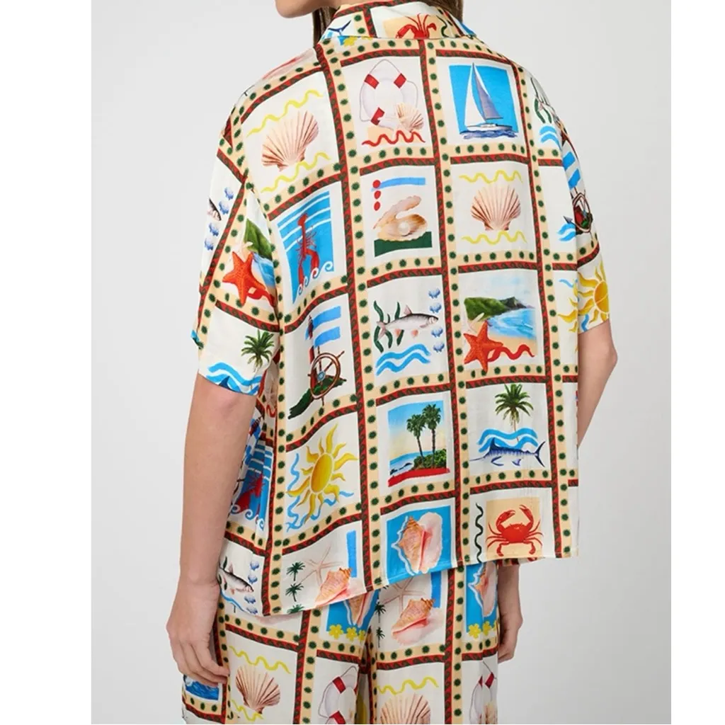 WeWoreWhat XL Art to Wear Coastal Beach Scene Souvenir Oversized Silky Dad Shirt - Image 14