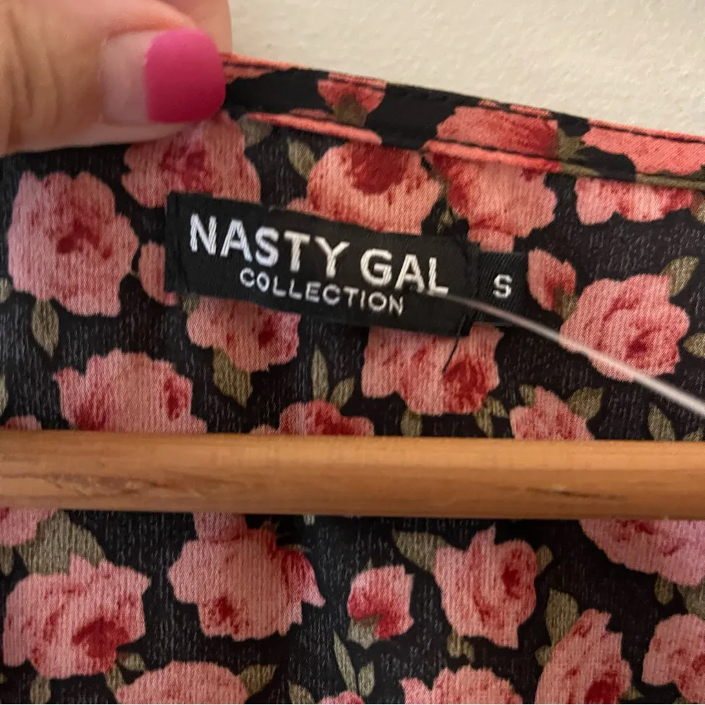 Collection Floral Puff Sleeve Mini Wrap Dress V-Neck Black Roses Y2K - Image 7