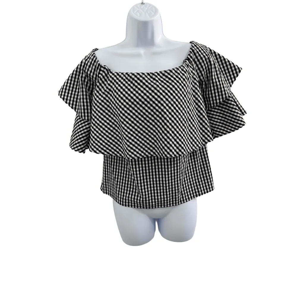 WAYF  Gingham Pattern‎ Ruffle Sleeves Off the shoulder Blouse Small preppy - Image 6