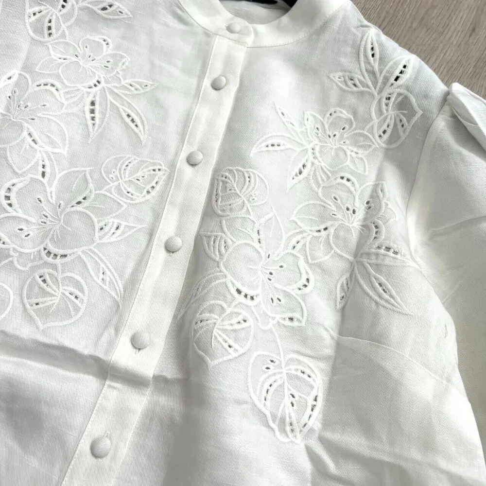 NWOT Marciano Guess Embroidered Linen Blend Shirt Puff Sleeve Cream XXS like S-M - Image 4