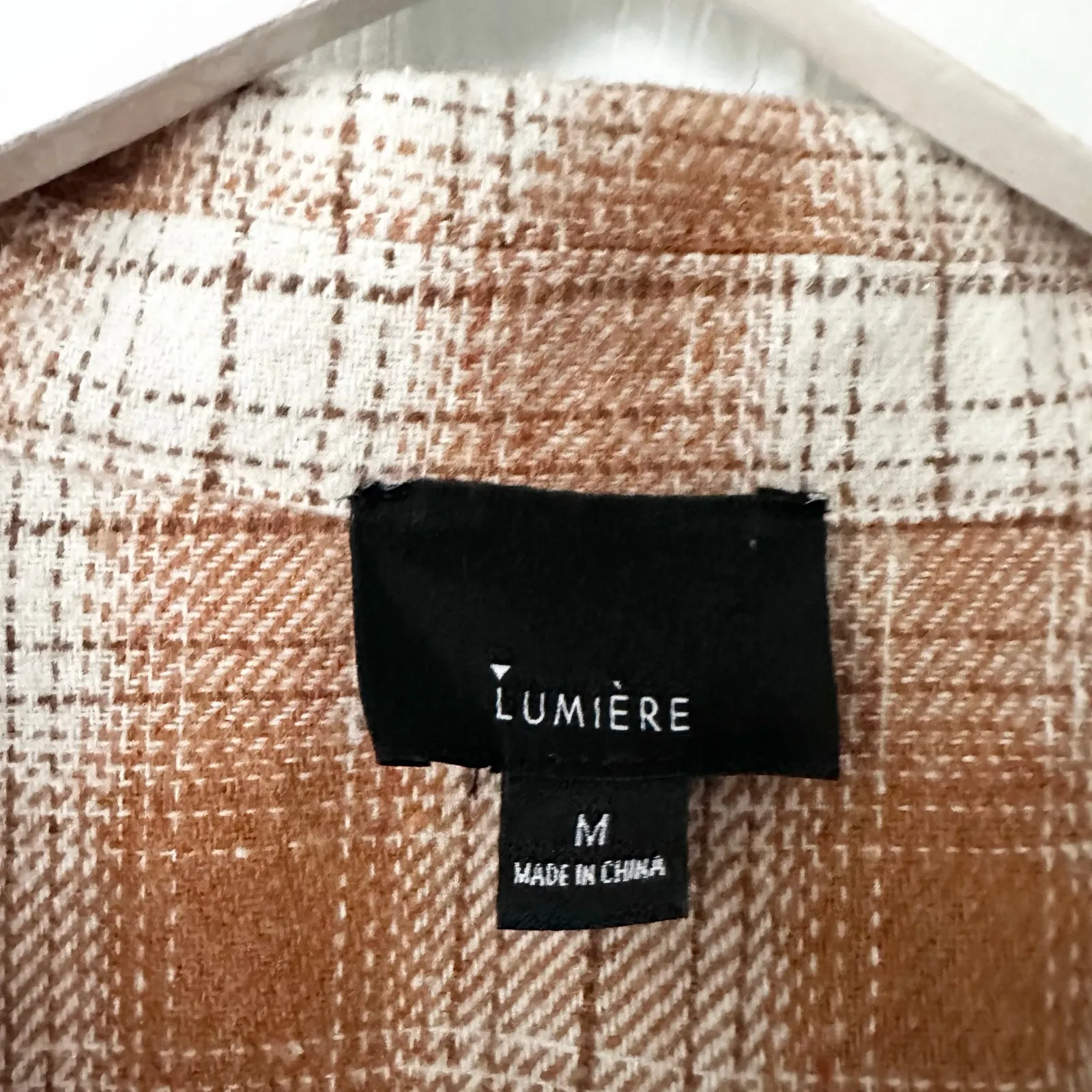 Lumiere Orange Tan White Flannel Plaid Full Button Up Shirt Jacket Boxy Crop M Size M - Image 6