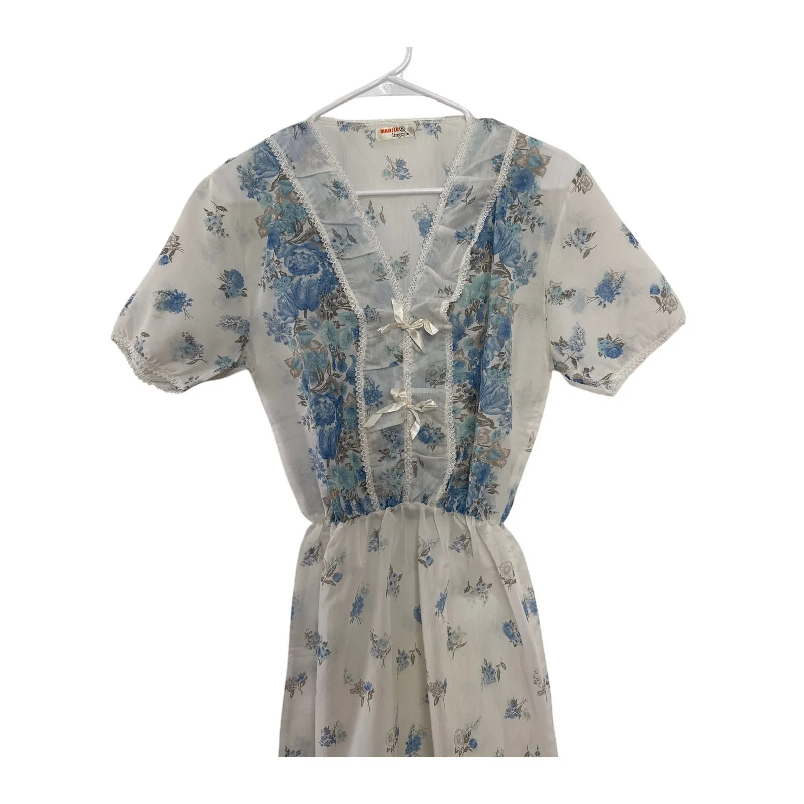 Marilu lingerie white blue floral V neck nightgown slip summer dress small - Image 7