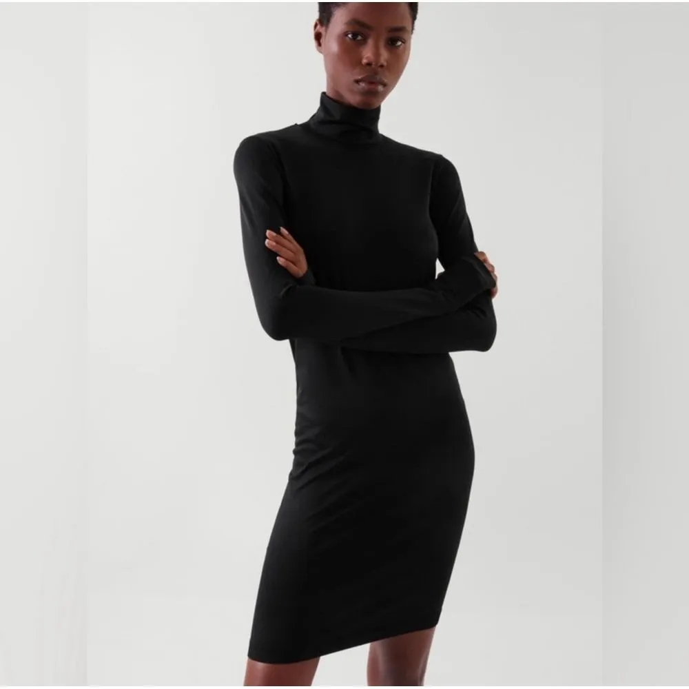 COS Slim-Fit Turtleneck‎ Bodycon Dress Black Sz L - Image 2