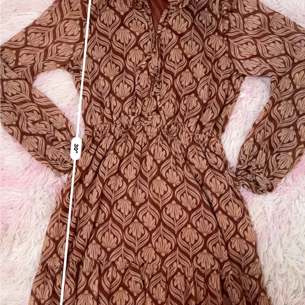Ruffle Neck Long‎ Sleeve Sheer Mini Dress Brown Patterned - Image 6