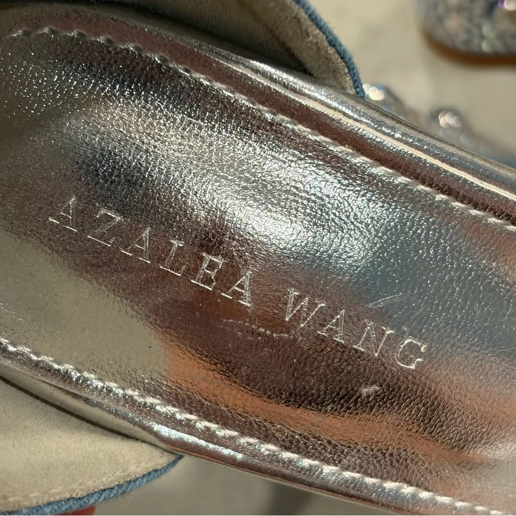 NEW Azalea Wang Chalini Denim Rhinestone Embellished Platform Sandals Shoes 8.5 Blue - Image 9