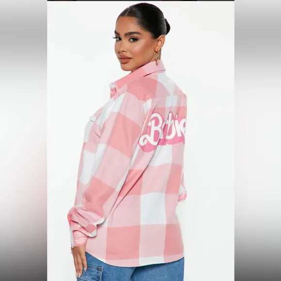 Barbie Pink Plaid Flannel Shirt Button Down Mattel Size Medium Button Up Classic - Image 2