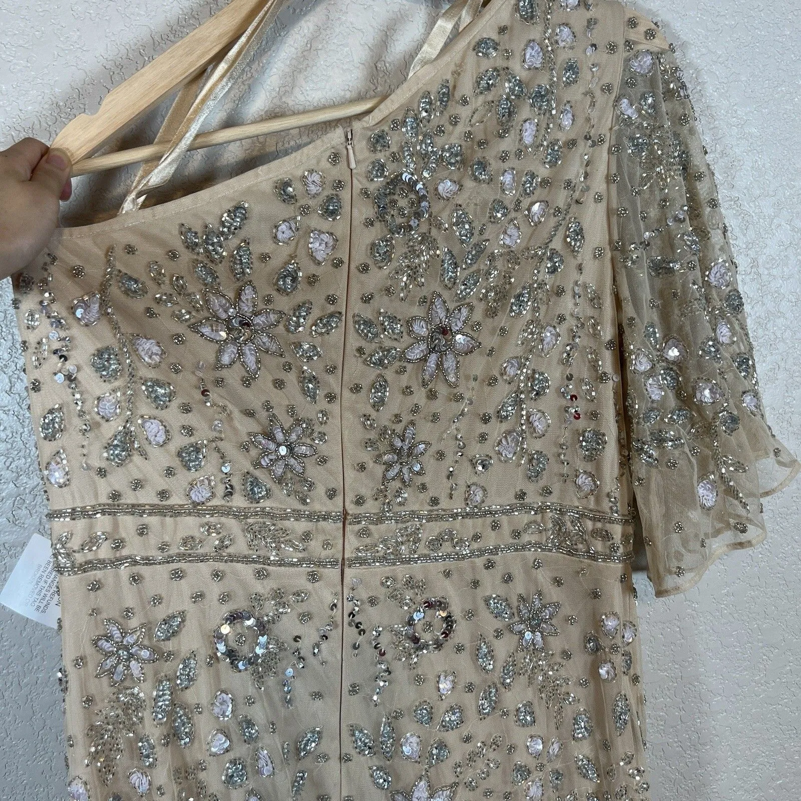 Mac Duggal Gown 14 Embellished Sequin One Shoulder Draped Nude Floral Prom - Image 9