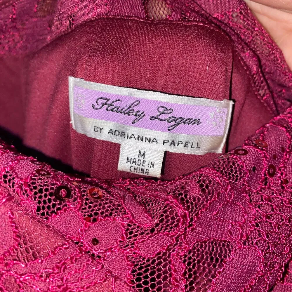 Hailey Logan Adrianna Papell Burgundy Lace Sequined Mini Dress Women's Medium - Image 4