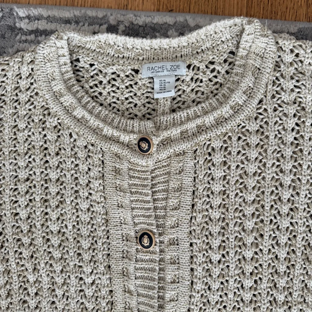 Rachel Zoe Sweater Womens XL Tan Gold Metallic Open Knit Cardigan Crest Buttons - Image 6