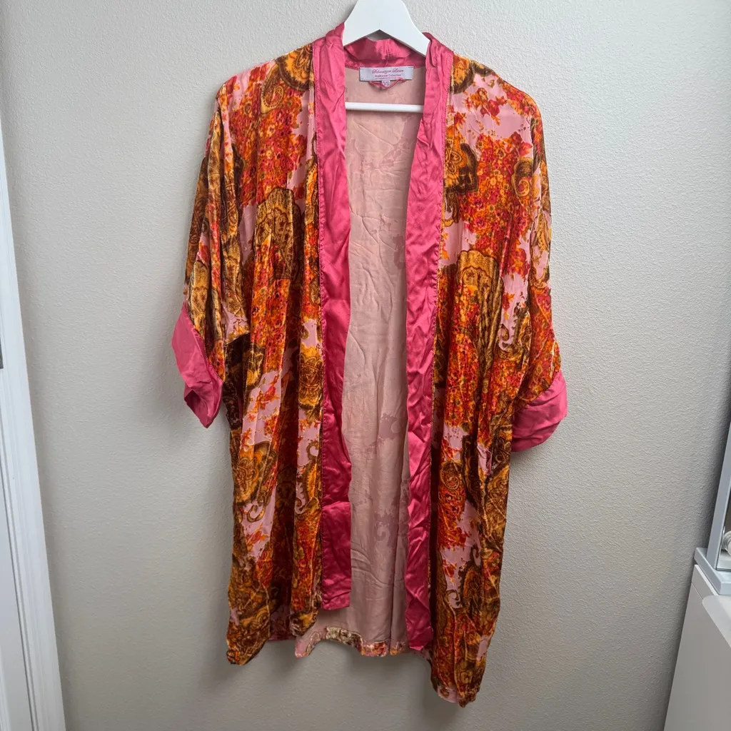 SCHWEITZER LINEN Burnout Silk Robe Orange Pink Lingerie Nighty Honeymoon Size 0 - Image 10