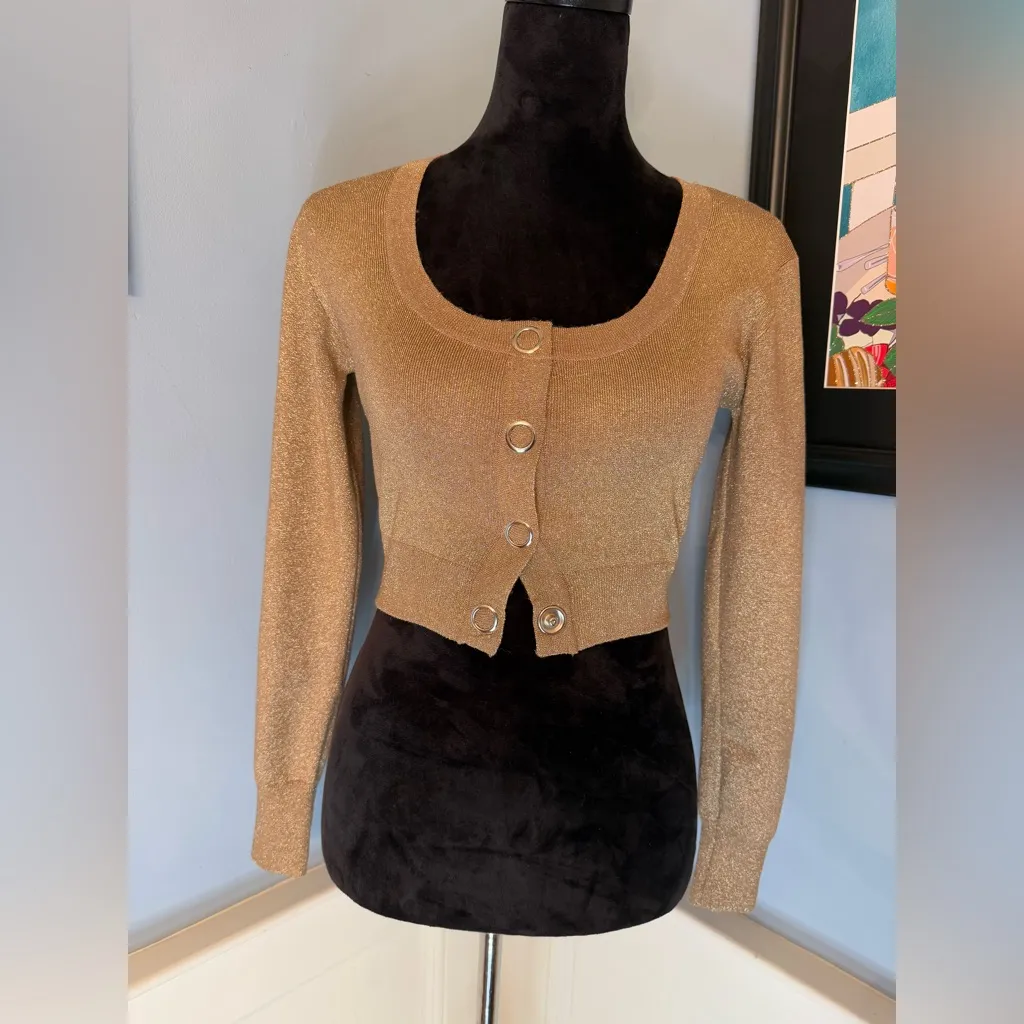 Metallic Gold Lurex Cropped Cardigan from Pinup Girl Clothing Sz M Size M - Image 3