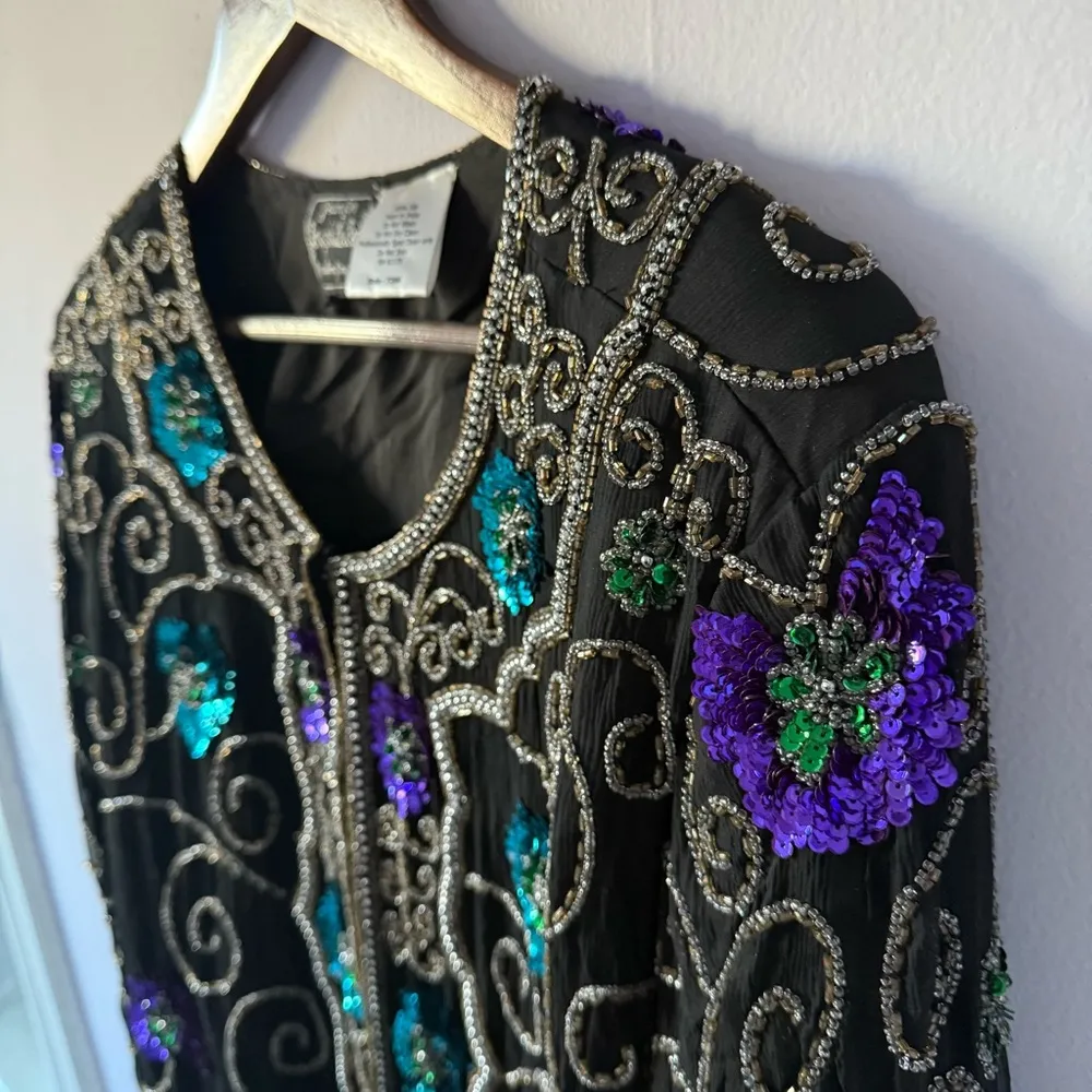 Vintage Joseph Le Bon 100% silk XL beaded cape formal blouse event funky 1980s Black - Image 7