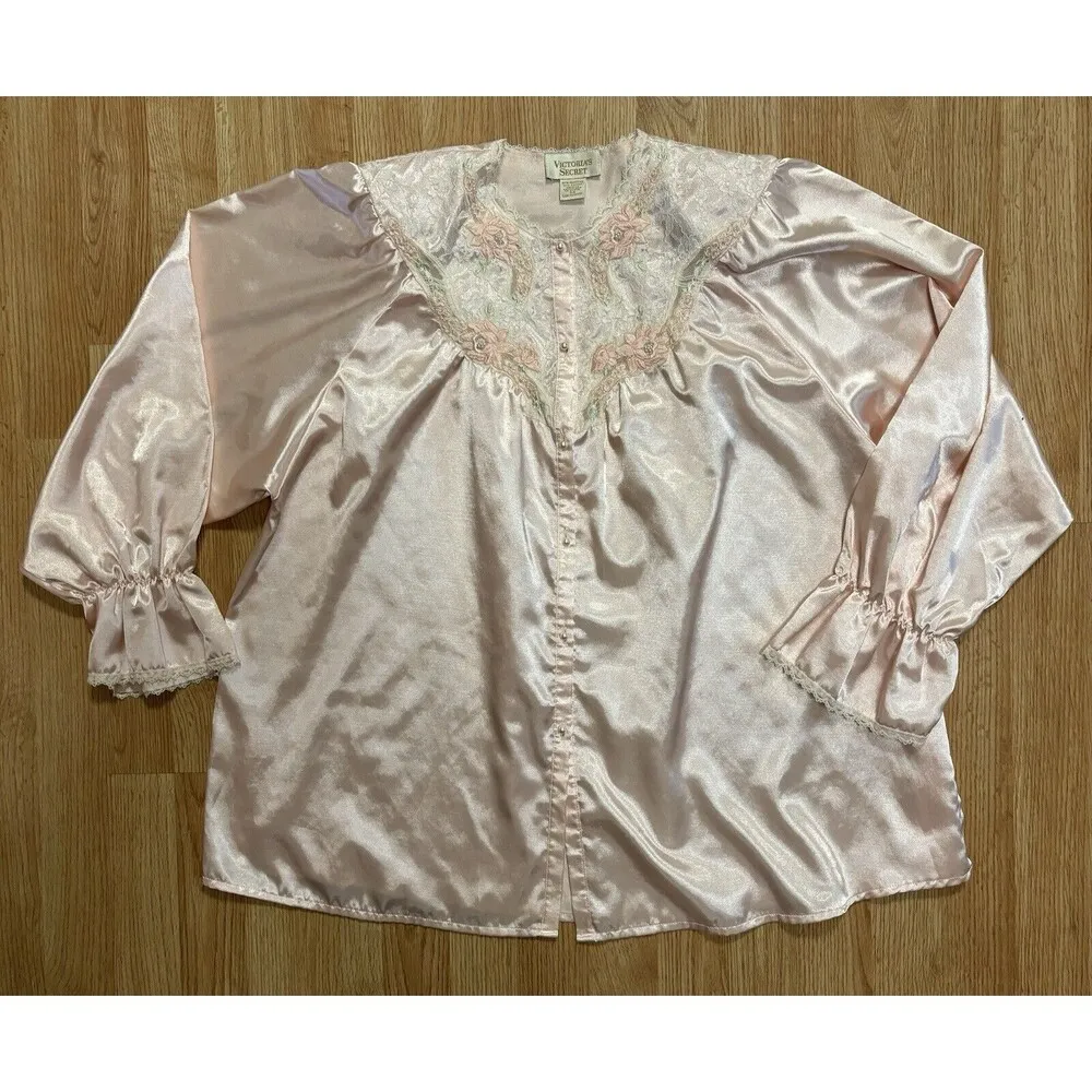 Vtg Victoria’s Secret Pink/Lace Pajama Button Down Shirt SHOULDER PADS Size Med - Image 3
