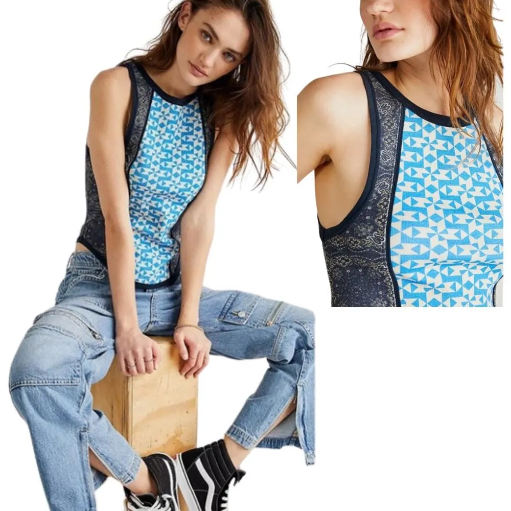 NEW Free People Too Hot To Handle Top Blue Combo Small Edgy Boho Fairy Grunge - Image 3