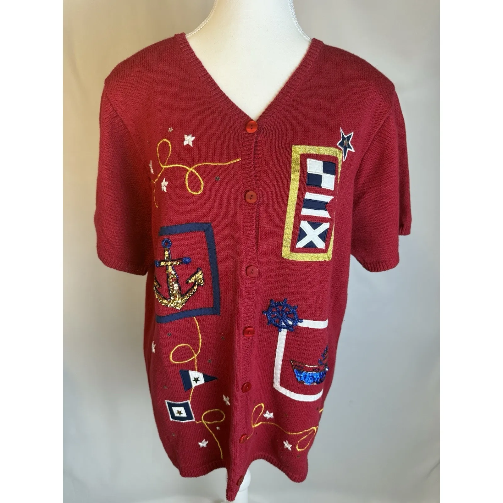 Novelty 4th of July Red White & Blue Nautical Short Sleeve Knit Cardigan Beach L - Image 4