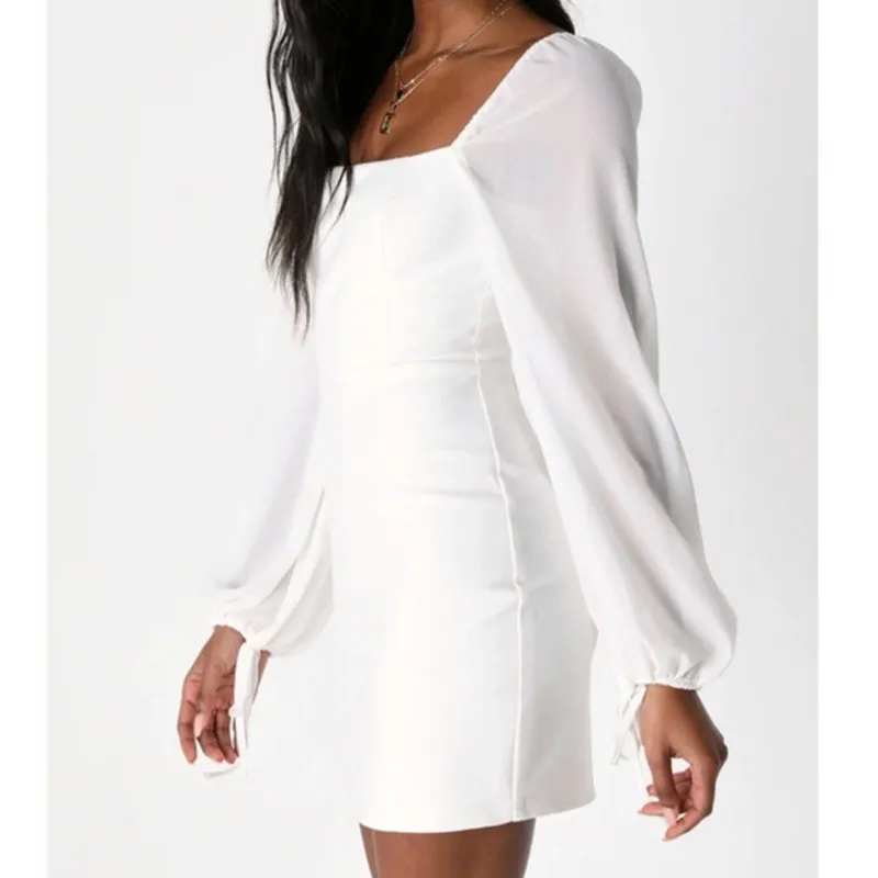 Lulus NWT Delightful Love White Lace-Up Balloon Semi-Sheer Sleeve Mini Dress - Image 4