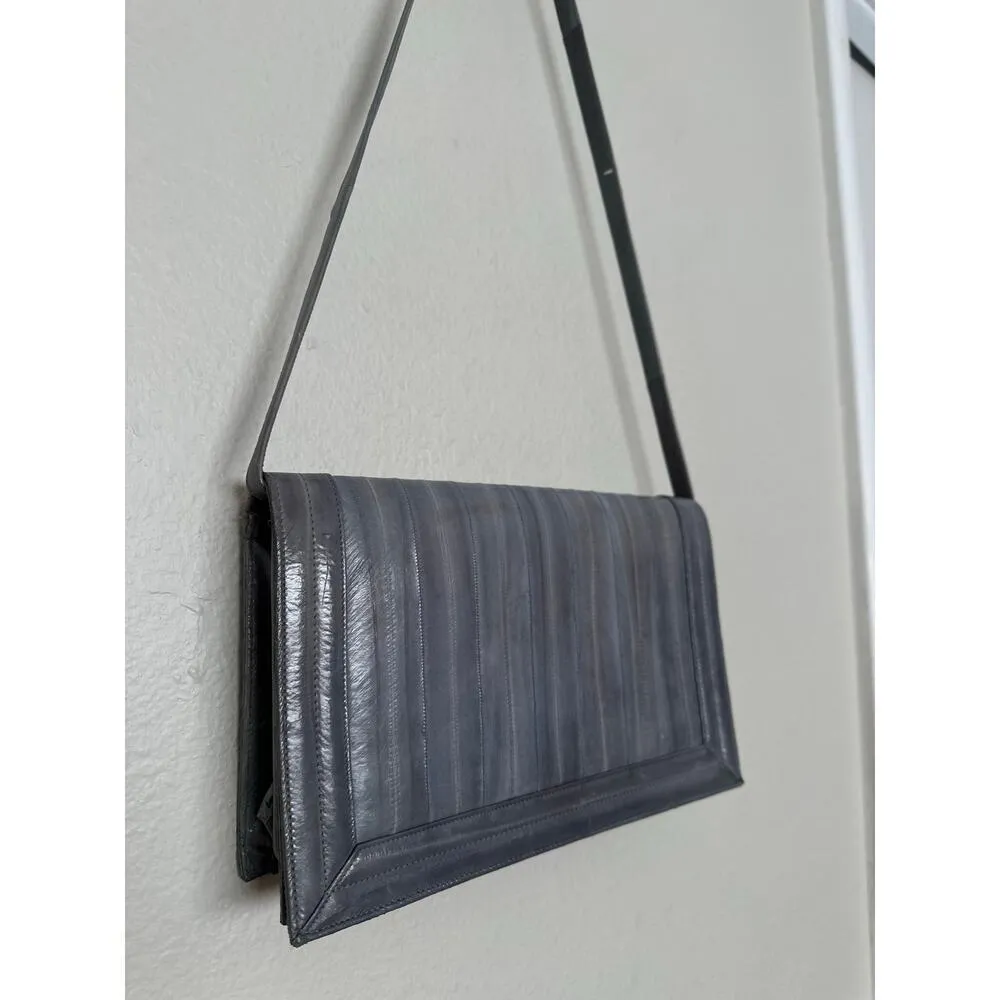 Gorgeous Vintage Eel Leather Muted Gray Blue Rectangle Shoulder Bag Classic - Image 4