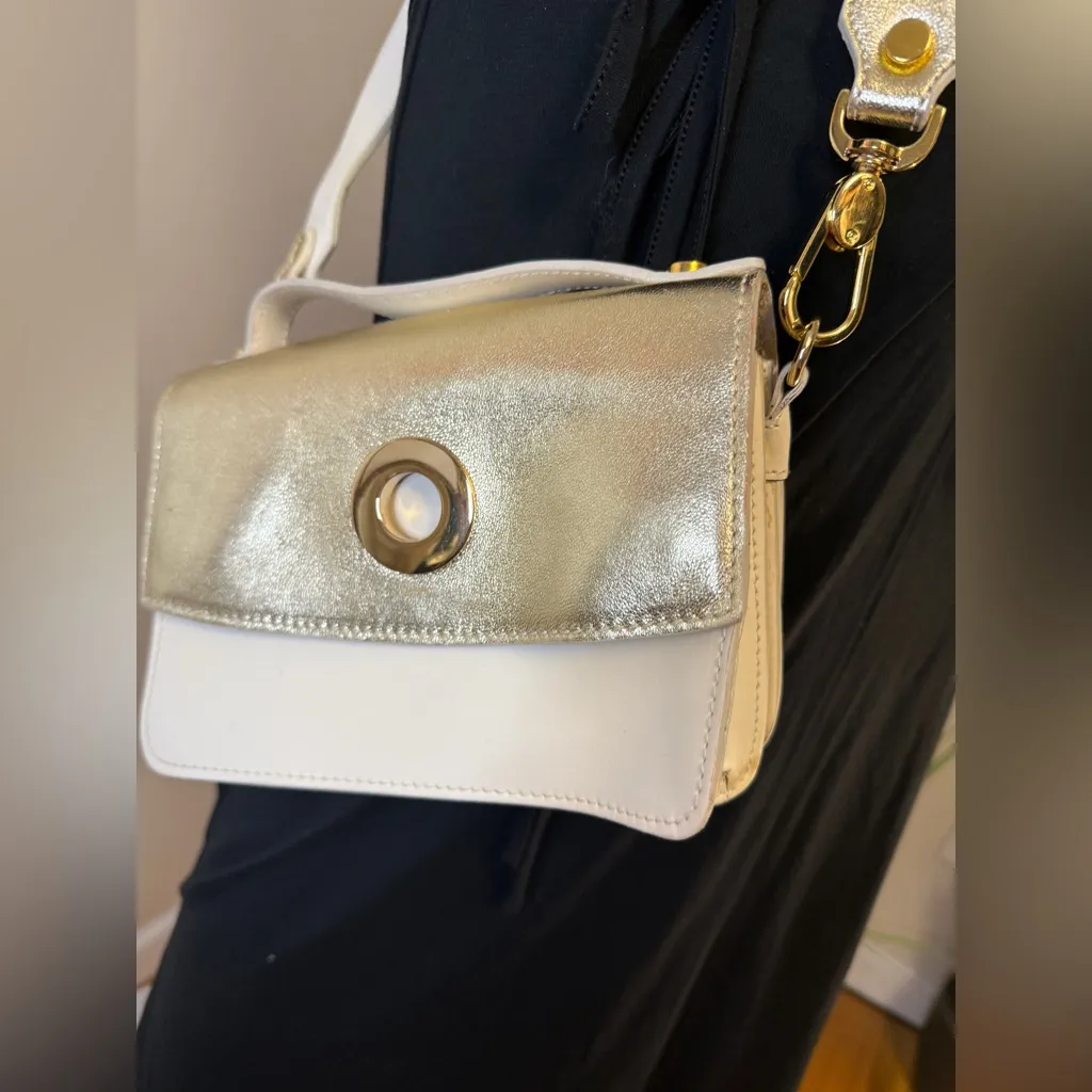 Vittoria Napoli Italy Leather Purse Bag Crossbody Gold Ivory EUC - Image 11