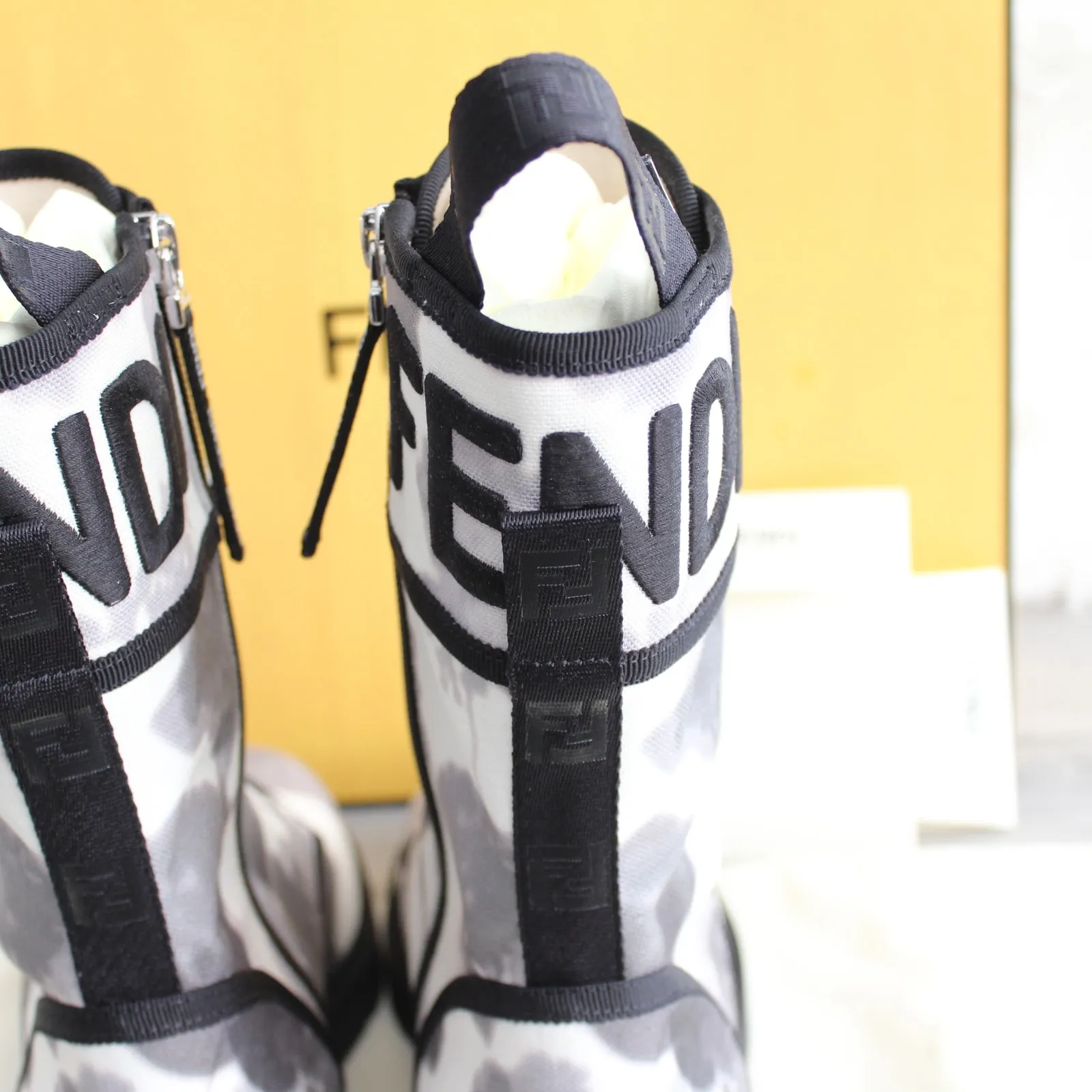 Fendi Tie Dye Grey White Black Outlined Combat Boots - Image 8