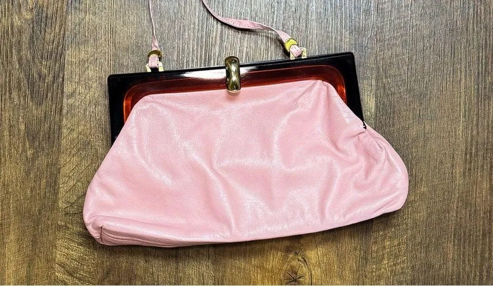 Vtg 60s/70s Italian Leather Convertible Clutch Crossbody Lucite Pink - Image 2