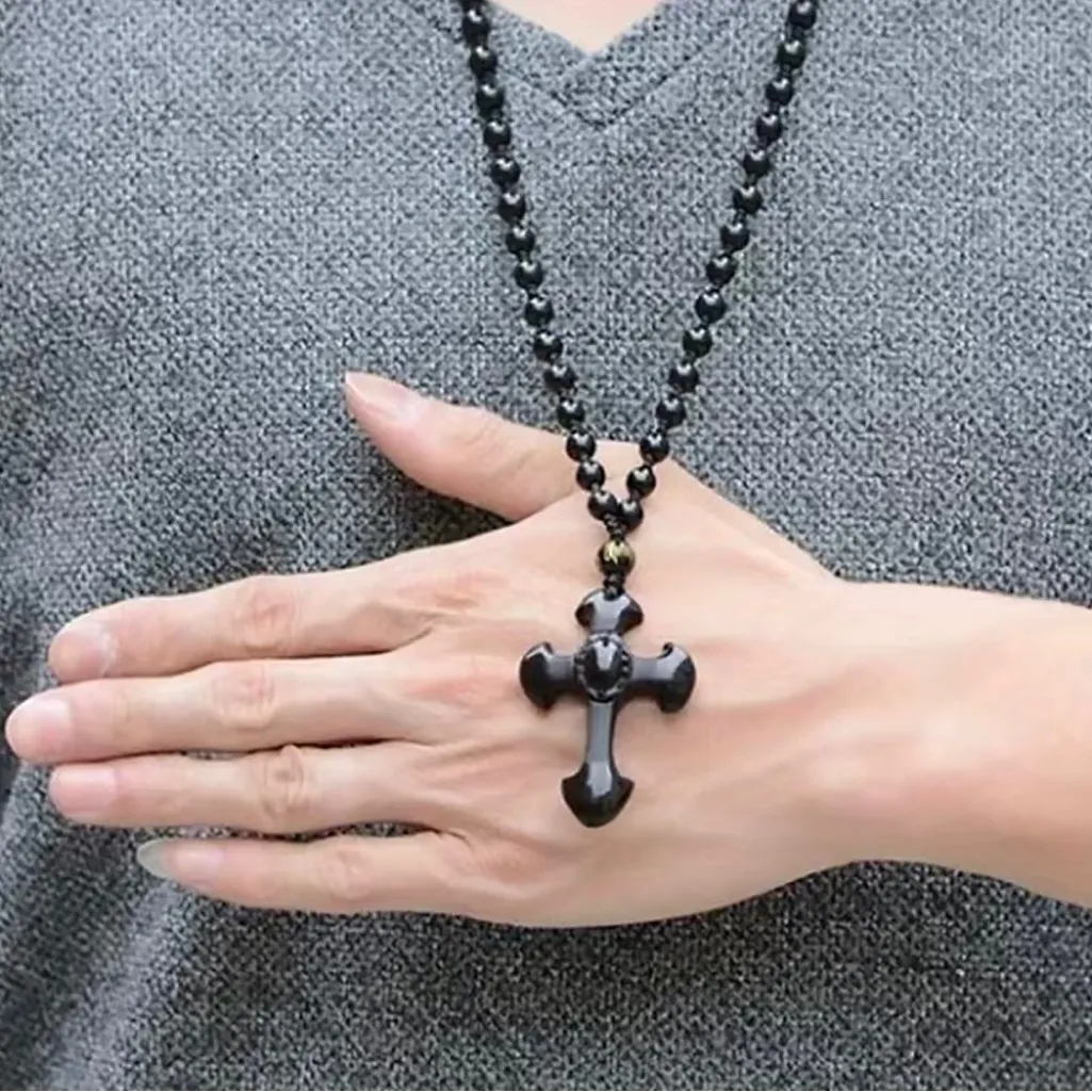 1pc Classic Religious Style Christian Cross Fashion Obsidian Pendant‎ Necklace Black - Image 9