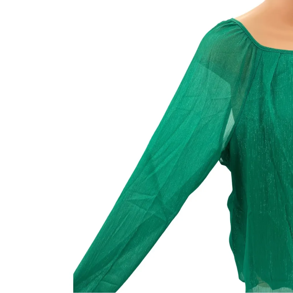 Ronson XL green metallic popover top sheer sleeve cutout detail holiday party - Image 3