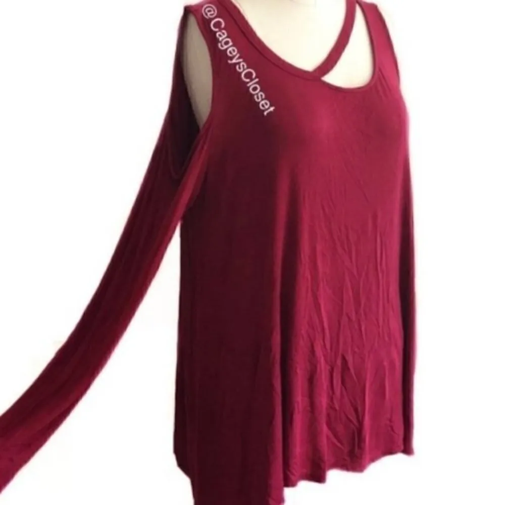 143 Story Top Medium Cold Shoulder Long Sleeve Deconstructed Maroon Distressed - Image 2