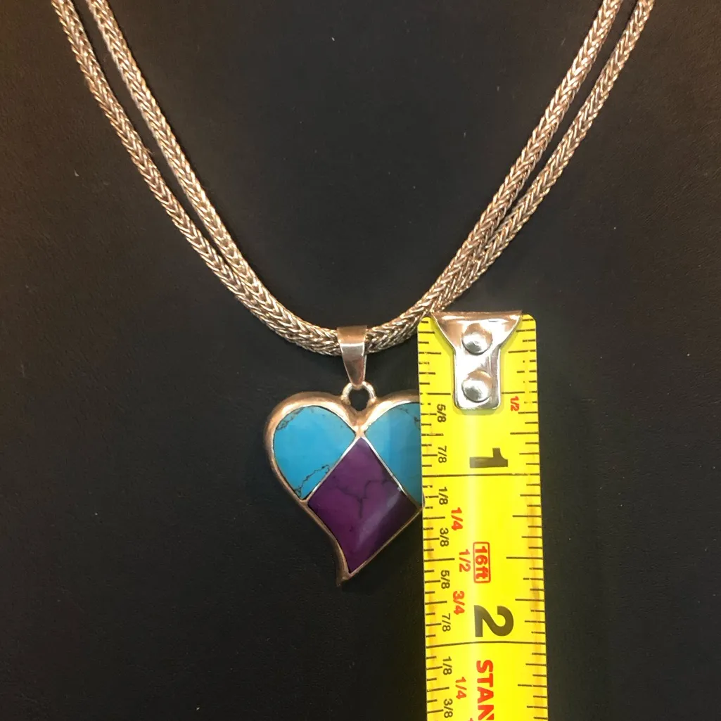 TAXCO Sterling Silver Inlaid Heart Pendant & LORI BONN 925 Double Chain Necklace Blue - Image 9