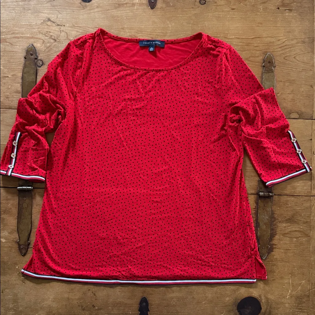 Tommy Hilfiger Red Polka Dot Button-Trim Top – Size xl - Image 8