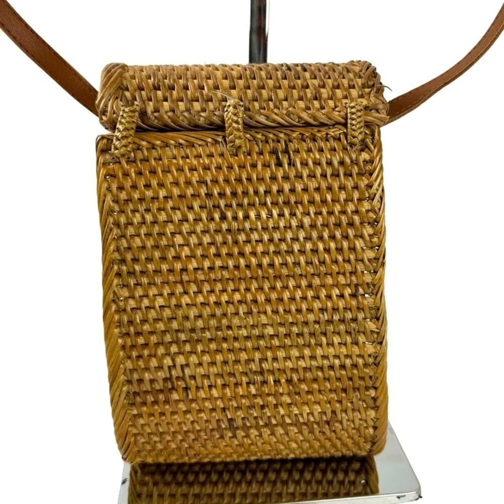 Mini Woven Rattan Hard Shell Messenger Crossbody Natural Beach Bag Boho Neutral Tan - Image 5