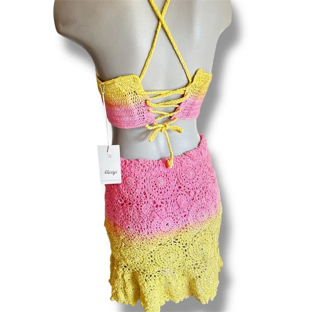 Women's Maaji Crochet Crop Top & Mini Skirt Set Yellow/Pink Size S - Image 6