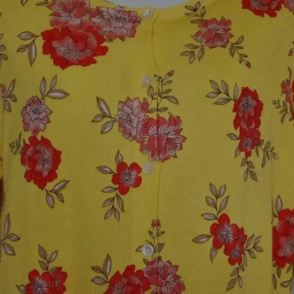 Lands’ End | Yellow Floral Button Down Cardigan Supima Cotton Size XS - Image 4