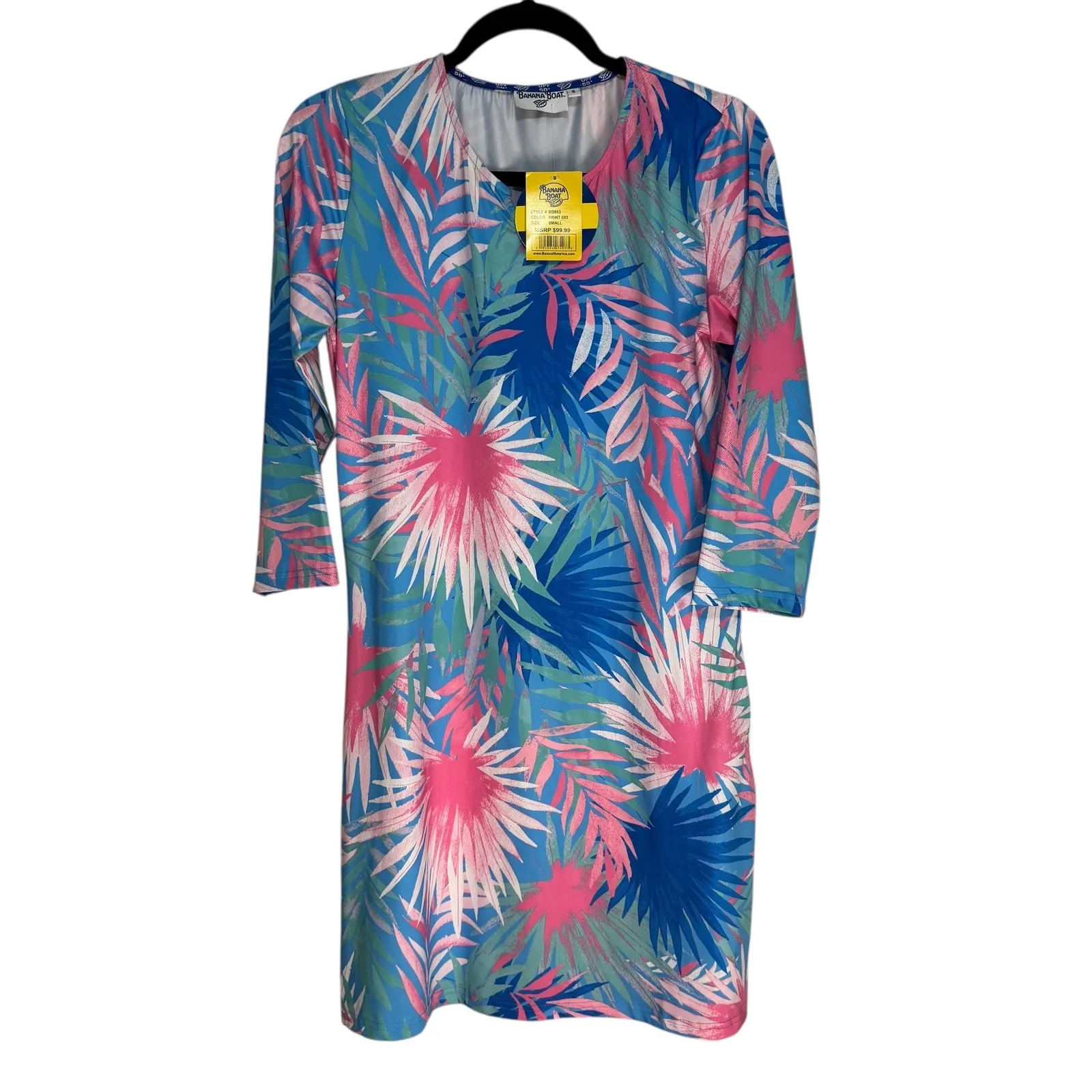 Banana Boat UPF 50 V Neck Shirt Dress Tropical Palm Print Blue Pink Size S - Image 2