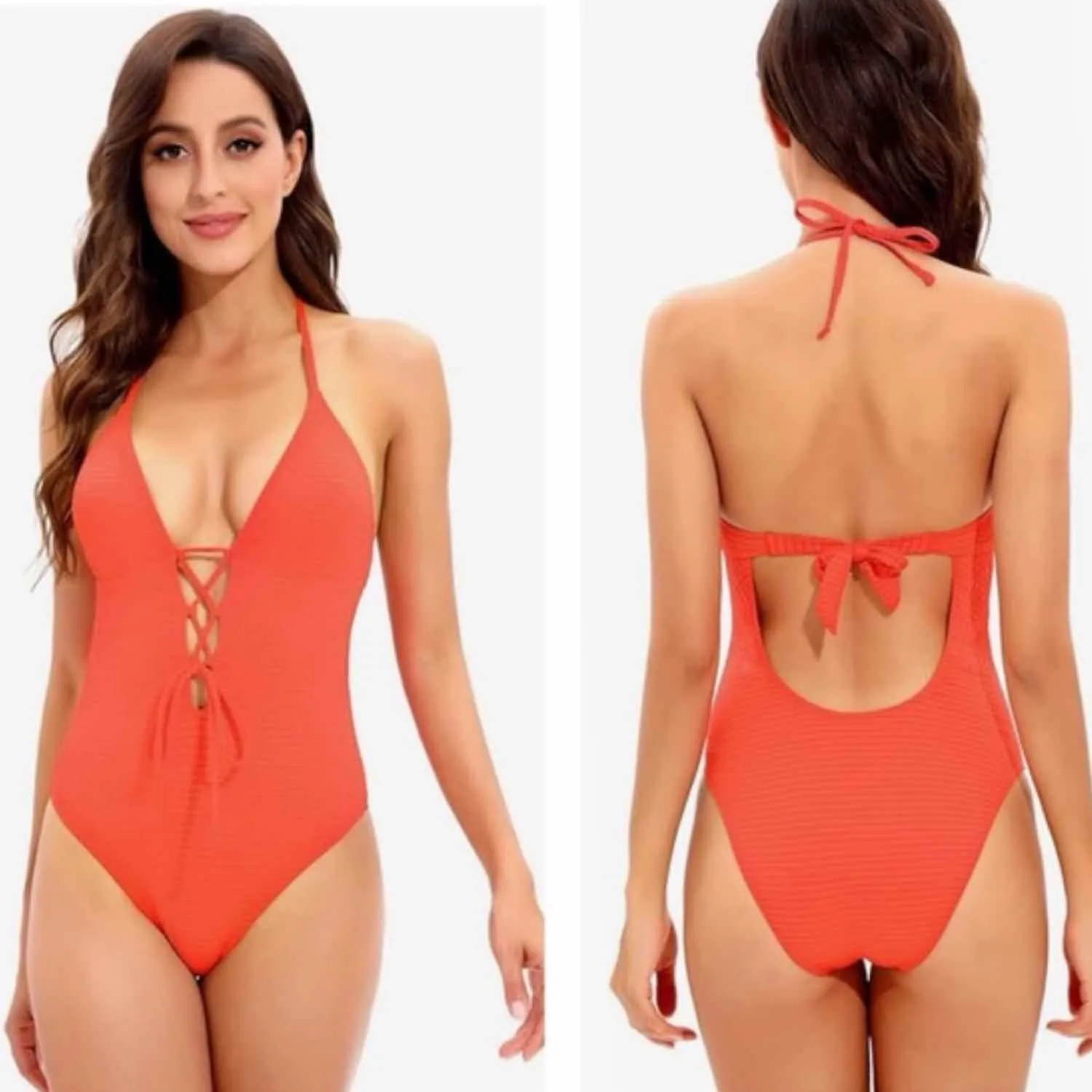 Lucky Brand Golden Wave Textured One Piece Swimsuit Large Fiesta Orange - Image 3