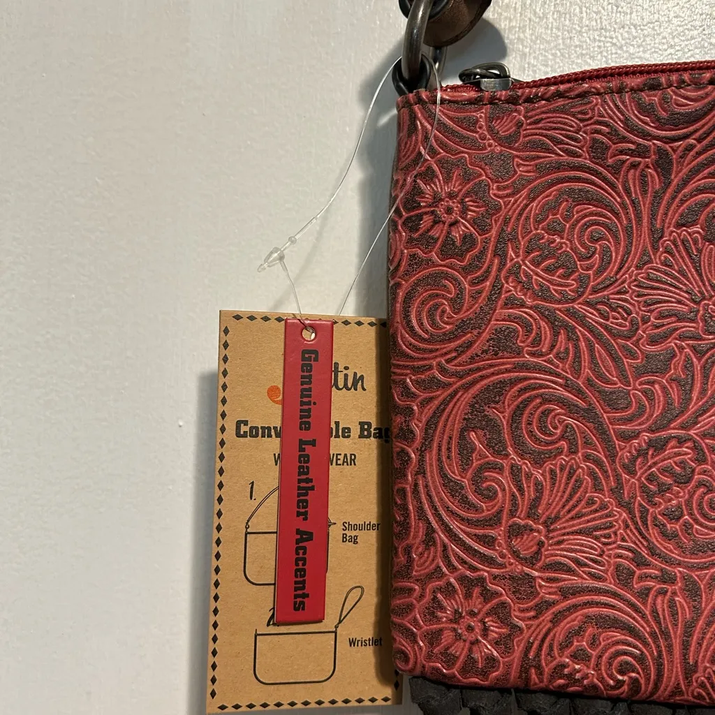 NWT: Justin Boots Brand Tooled Embossed Fringe Convertible Bag - Image 5