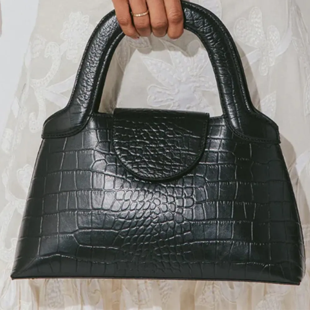 Cleobella Black Croc‎ Embossed Leather Top Handle Handbag Structured Chic - Image 2