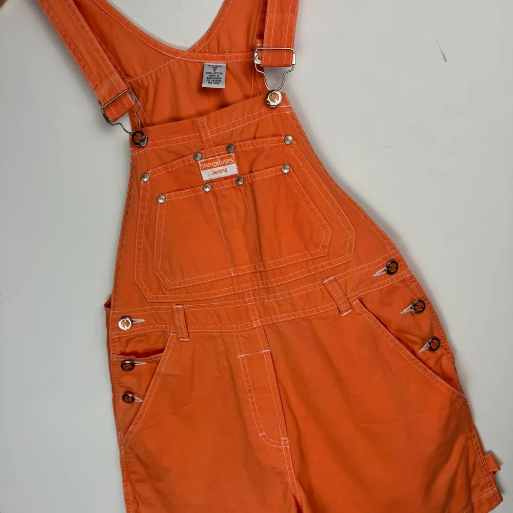 Vtg Y2K No Excuses Bib Shortalls Sz Small Bright Orange Cotton Denim Utility - Image 4