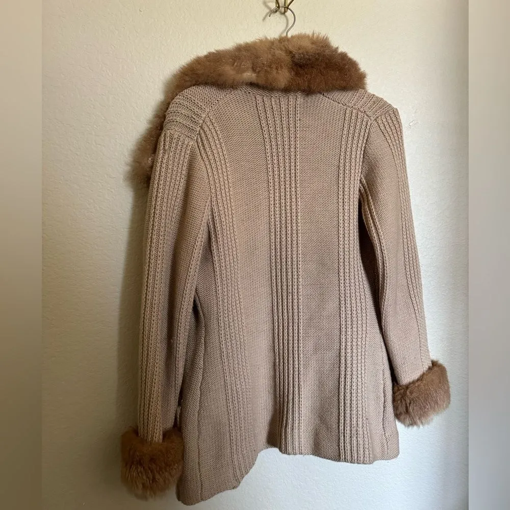 Vintage 70s Chunky Wool Knit‎ Cardigan Sweater Fur Trimm Sz Medium Tan - Image 6