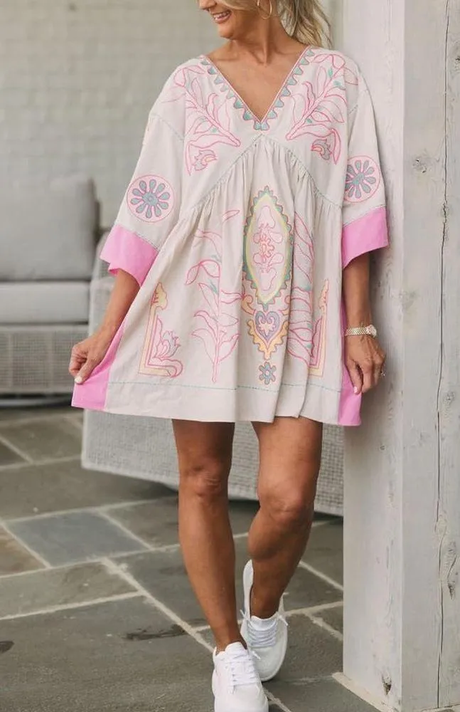 Embroidered Dress Pink Cream Boho Western M/L by Blue Velvet Size L - Image 3